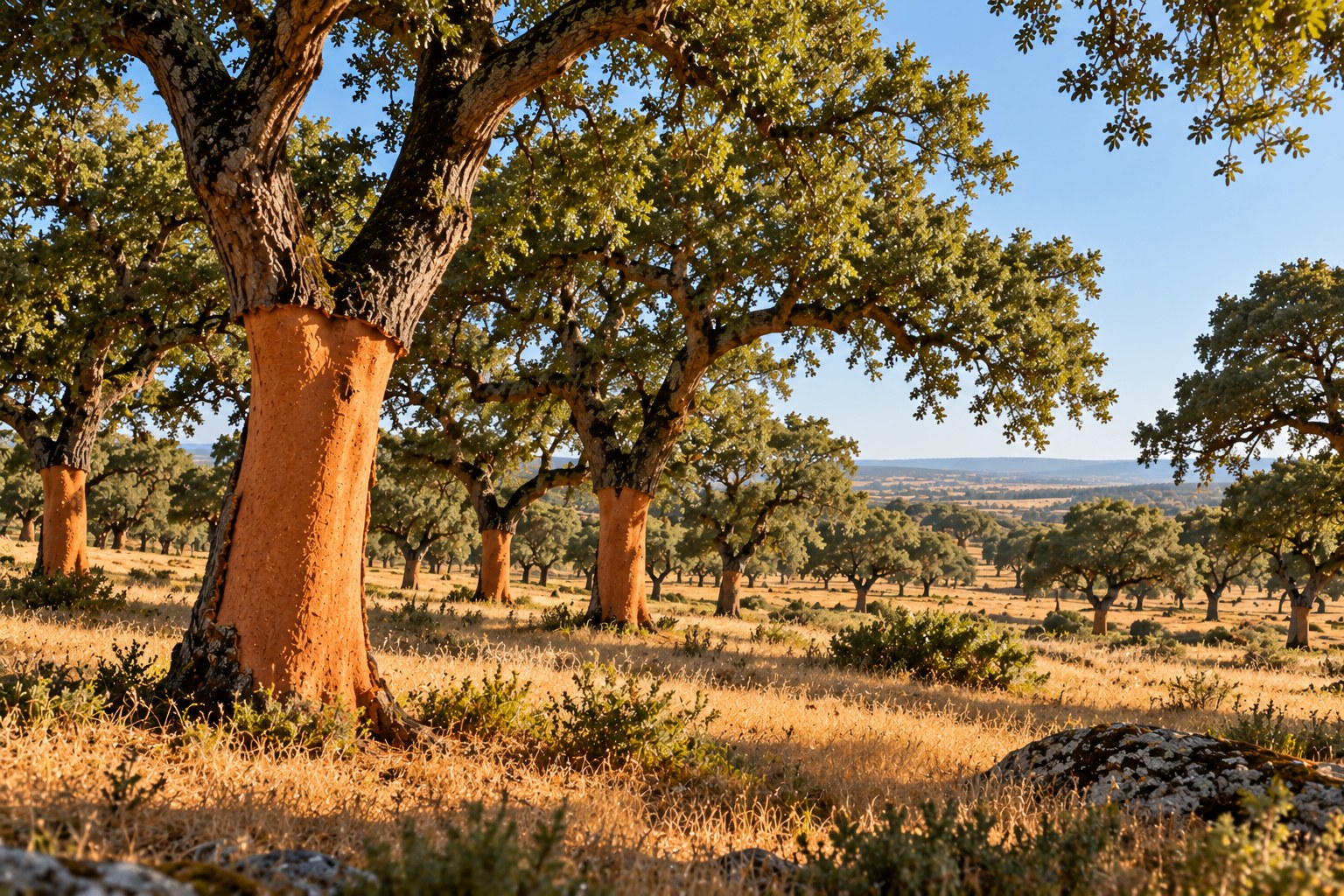 Freshly stripped orange cork oak trunks across the golden montado, rolling plains to the horizon
