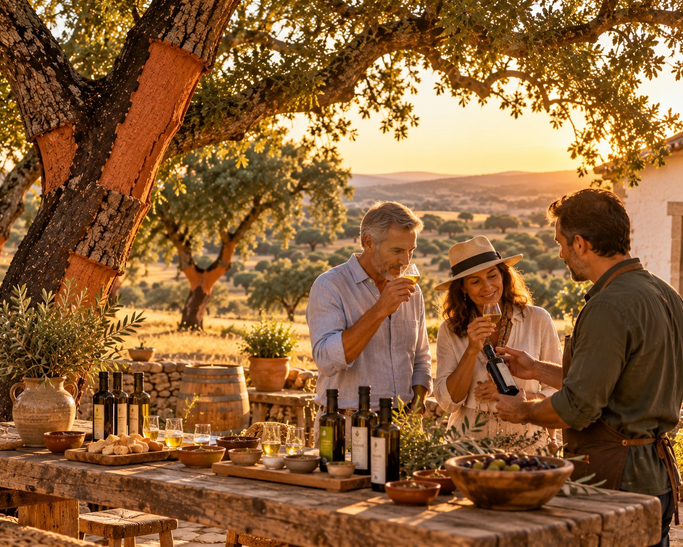 A host pouring olive oil for guests at a table beneath an old tree at sunset