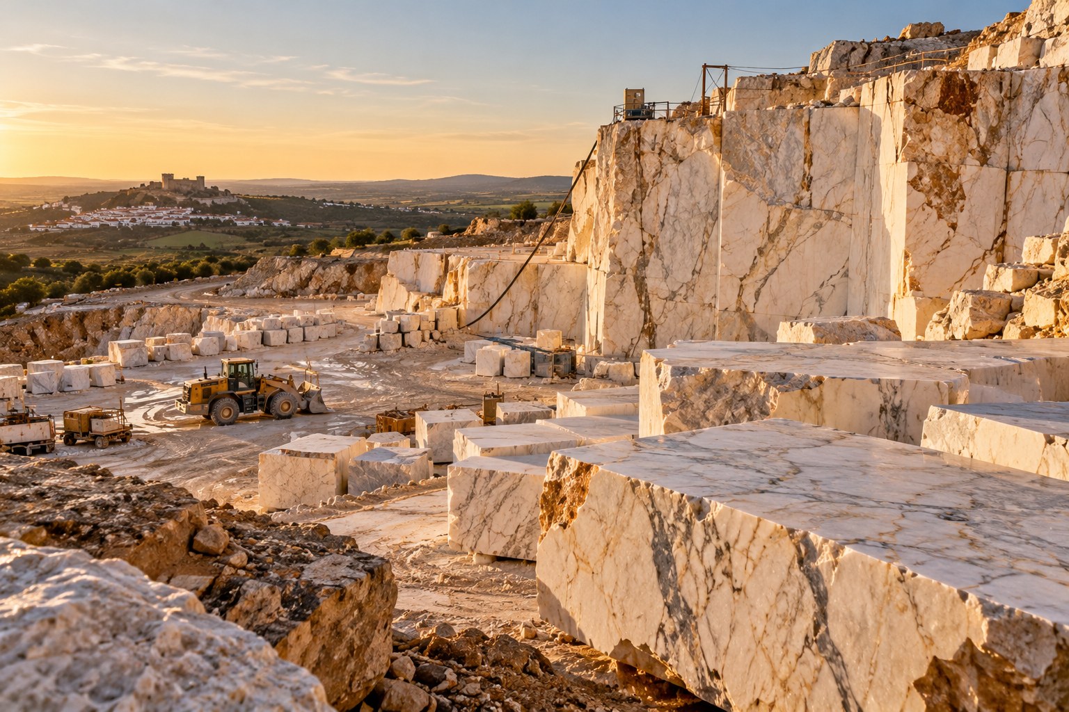 Great blocks of white marble in an open quarry at sunset, with a hilltop castle town on the horizon