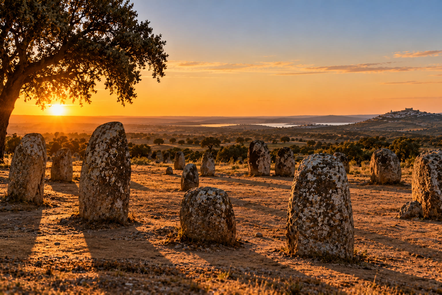 The Almendres stone circle at sunrise, a low sun behind an oak tree and a hilltop village on the far horizon