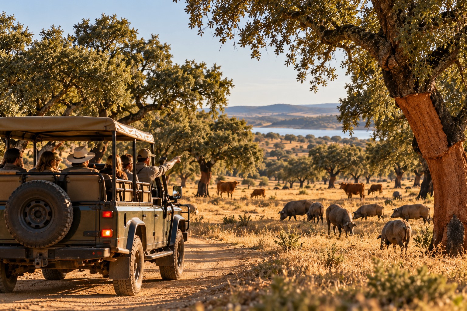 Guests in an open canvas-roofed safari jeep following a guide through the cork oaks of the montado as he points out free-range pigs and Alentejana cattle grazing on golden grass, a lake in the distance