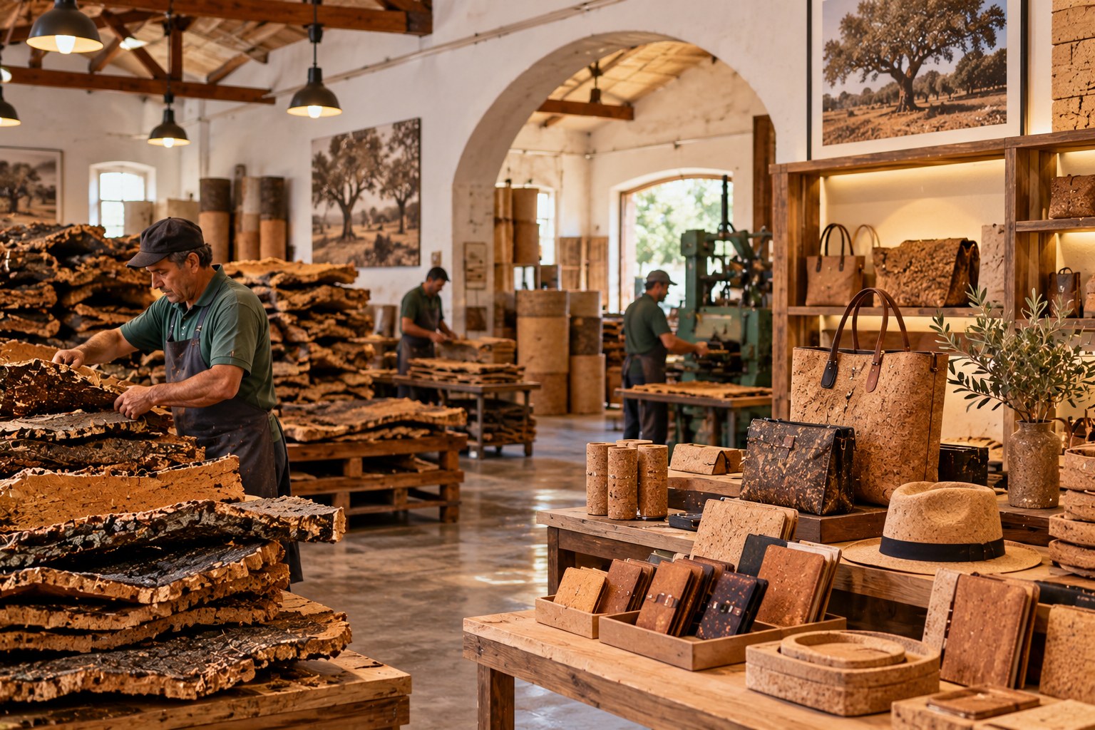 Workers sorting stacks of raw cork bark inside a family cork factory, with a showroom of cork bags, hats and wallets on wooden tables in the foreground
