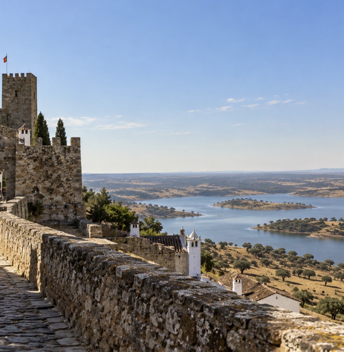 The stone walls and keep of Monsaraz castle above whitewashed houses, with the great lake of Alqueva beyond