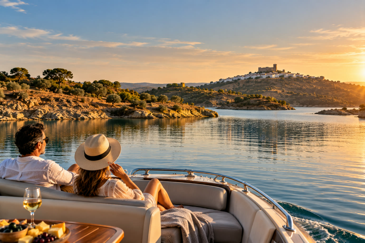 A couple on a private boat on Alqueva lake at sunset, Monsaraz on its hill above the water