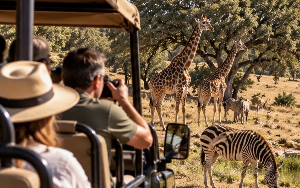 Guests in an open safari vehicle watching giraffes and a zebra graze among cork oaks and golden fields, a guide's camera raised