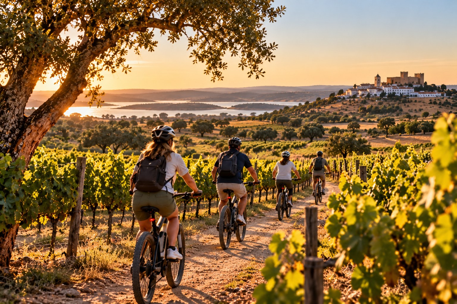 Riders on e-bikes following a dirt path between rows of vines at golden hour, with the Alqueva lake and a whitewashed hilltop castle village beyond under a warm sky