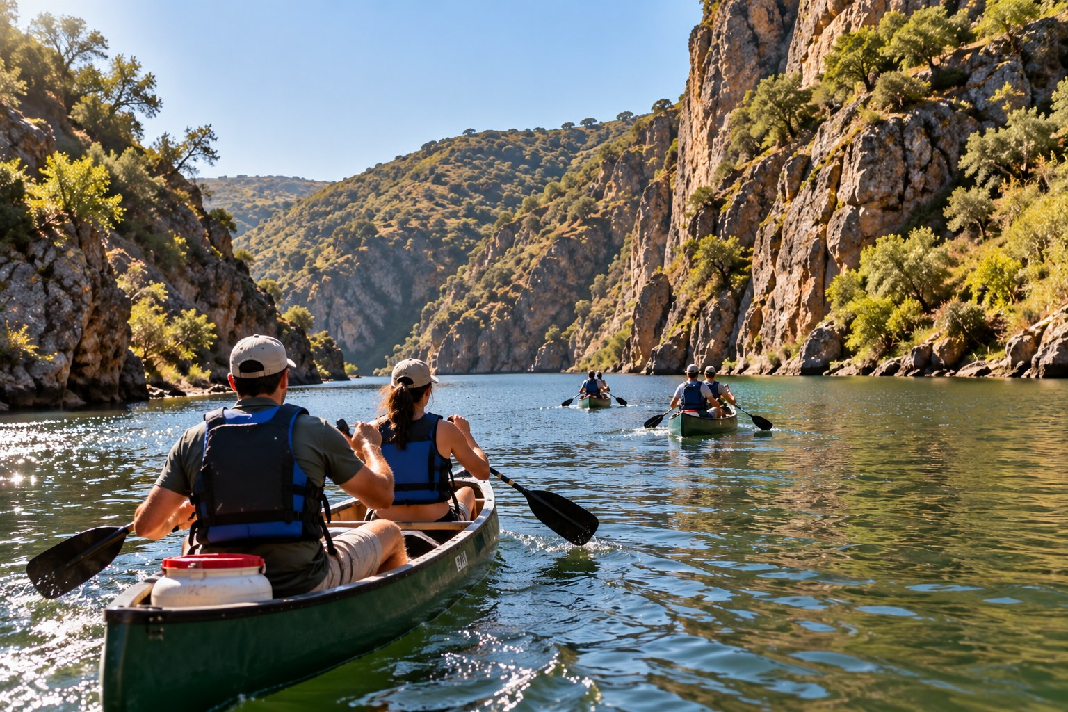 Two paddlers in the bow of a green canoe leading a group down a calm river between rocky gorge walls covered in cork oaks, morning sun on the water