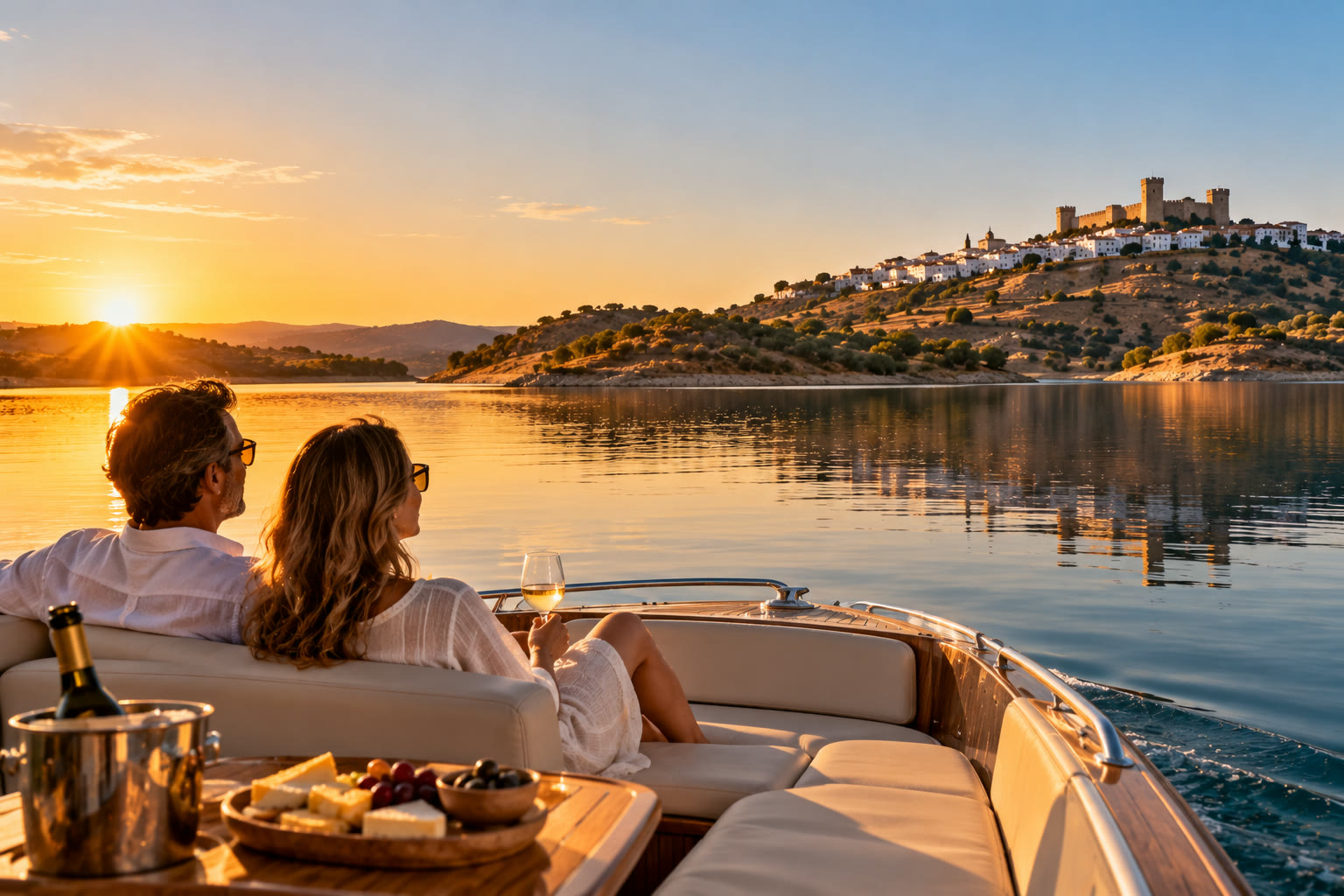 A couple with wine and cheese on a boat at sunset, the walls of Monsaraz across the still lake
