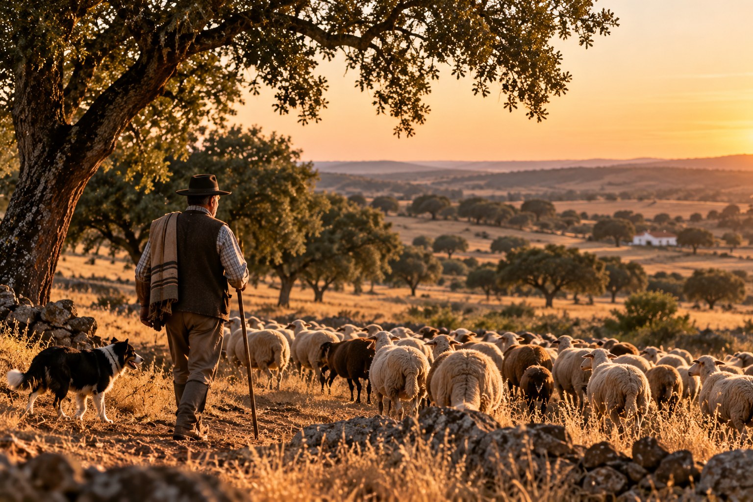 A shepherd in a hat and blanket cape walking his flock of sheep beneath cork oaks at golden sunset, his dog beside him and stone walls in the foreground