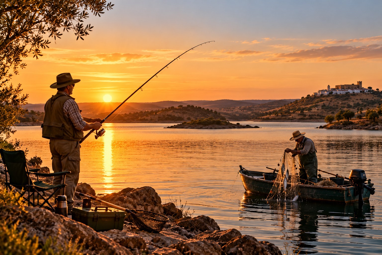 A fisherman casting at sunset on the rocky shore of the Alqueva lake while a net fisherman pulls his catch from a wooden boat, a whitewashed hilltop castle above golden waters