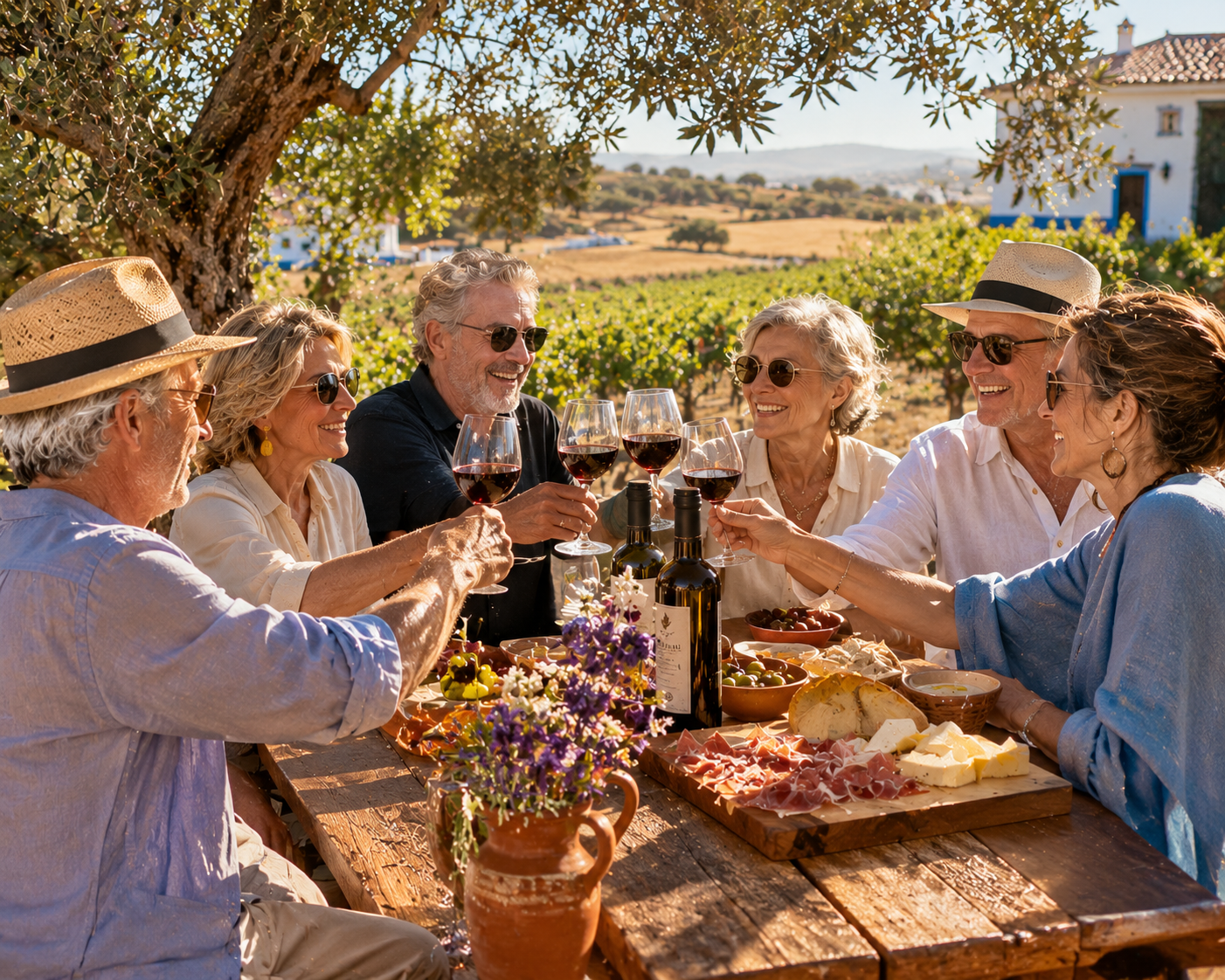 A toast with glasses of red wine beneath a cork oak
