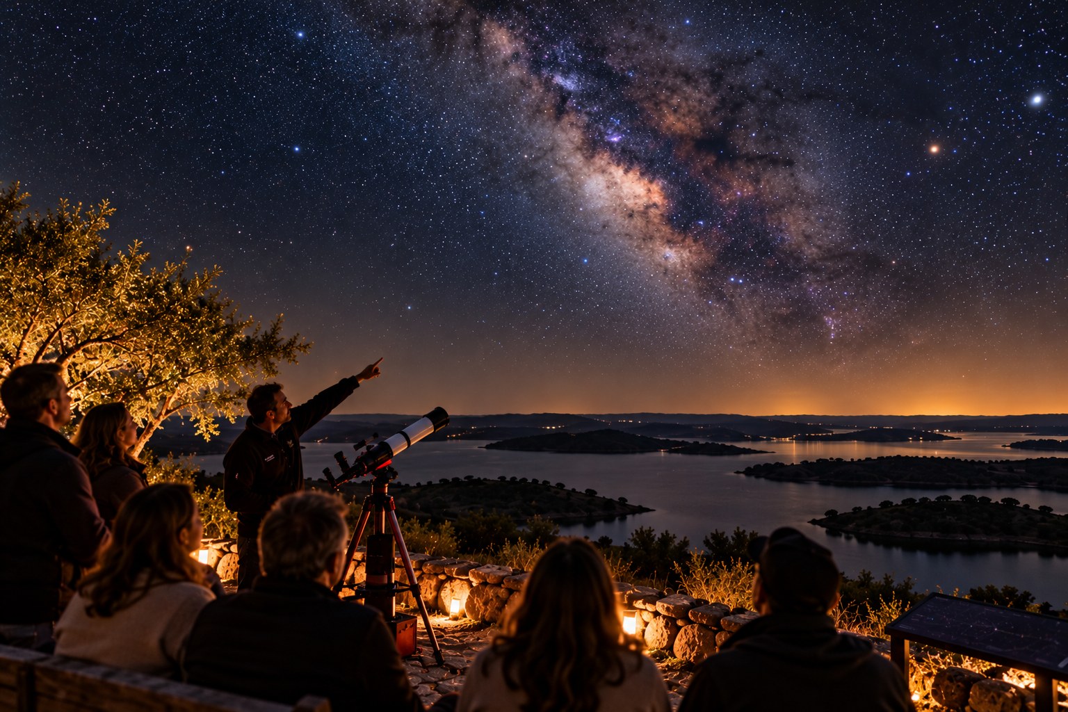 An astronomy guide beside a telescope pointing out the Milky Way to guests on a stone terrace above the islands of Alqueva lake at night