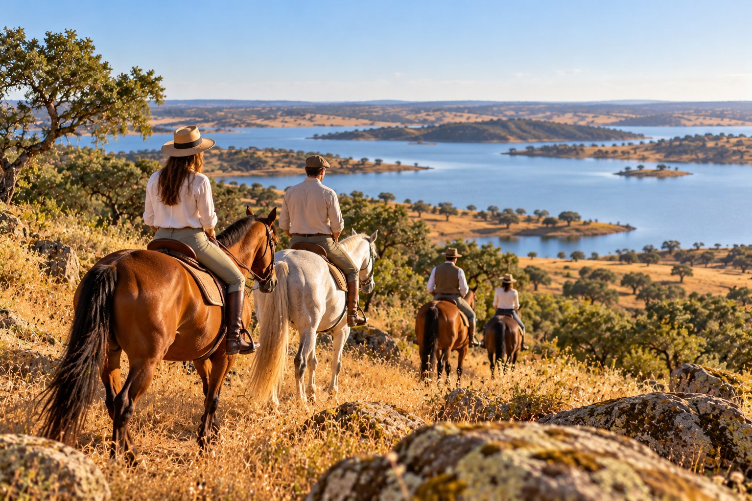 Riders on horseback following a grassy path above the wide waters and islands of Alqueva lake, cork oaks and golden hills around them