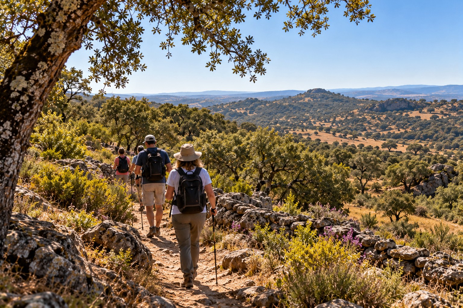 Walkers with rucksacks and walking sticks following a rocky shepherds' path beneath an old cork oak, out over the montado of stone walls, cork oaks and golden hills