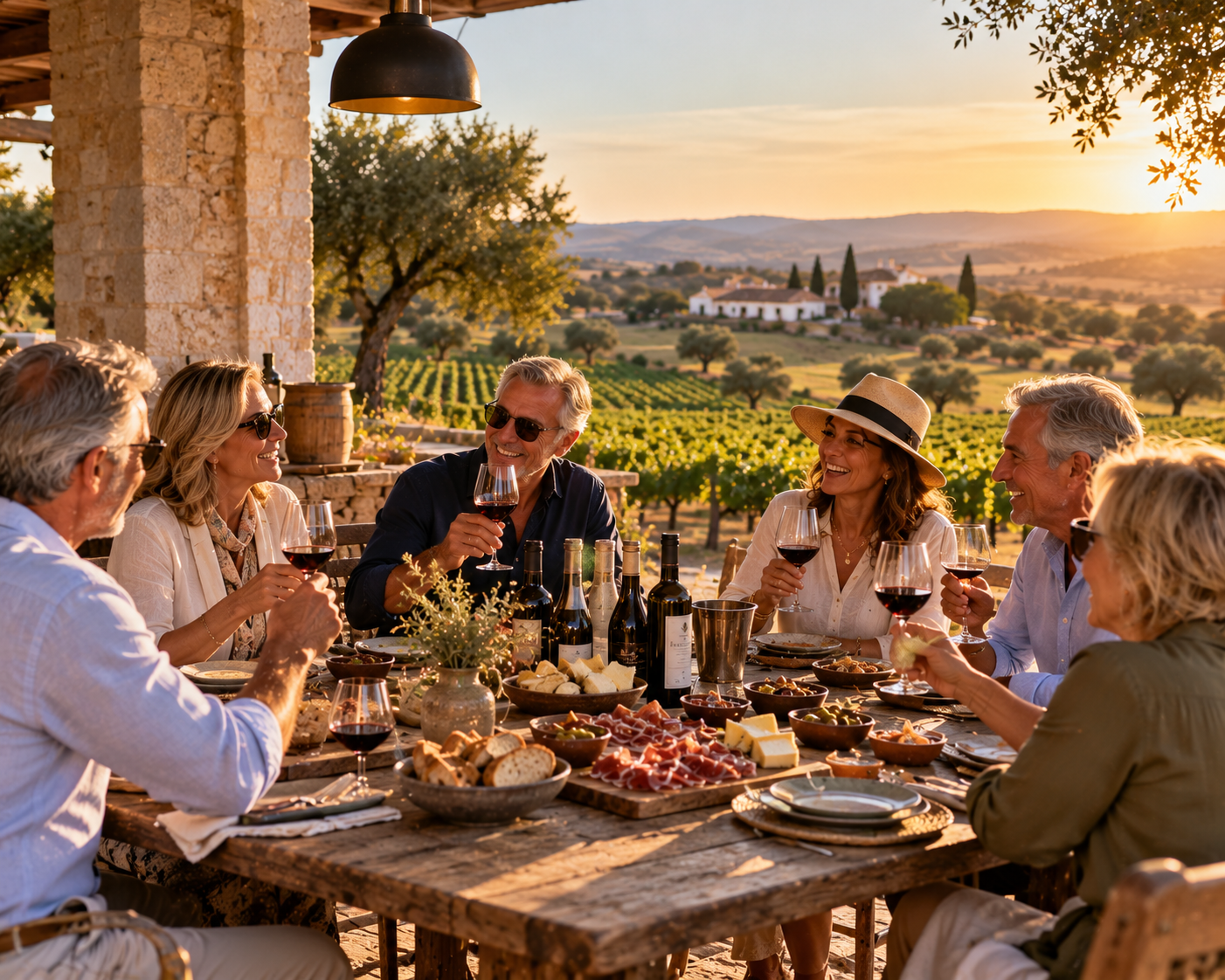 Friends sharing wine and petiscos at a long table at sunset