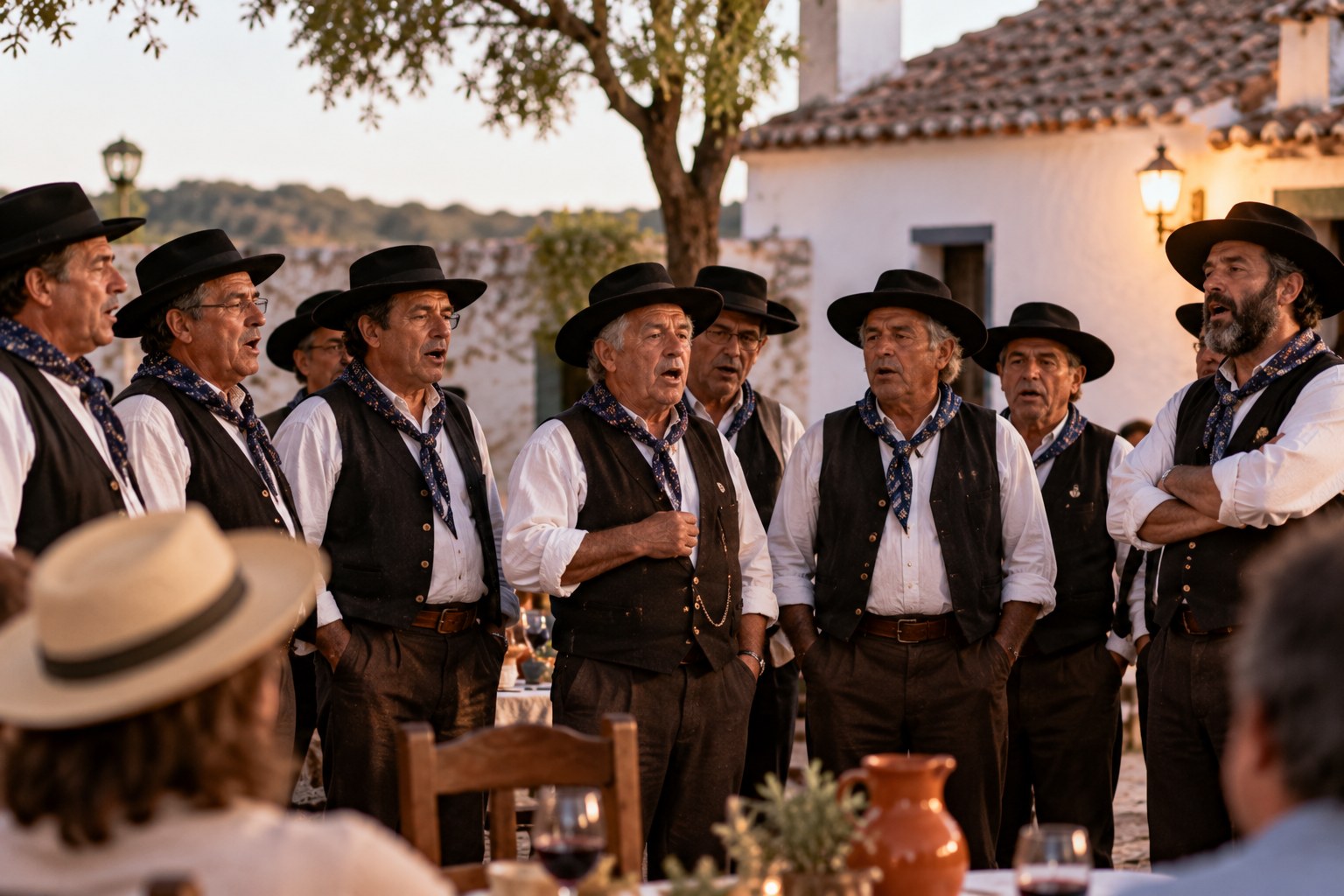 A group of village singers in black hats, waistcoats and printed scarves singing together at dusk in a whitewashed village square, guests listening at long tables