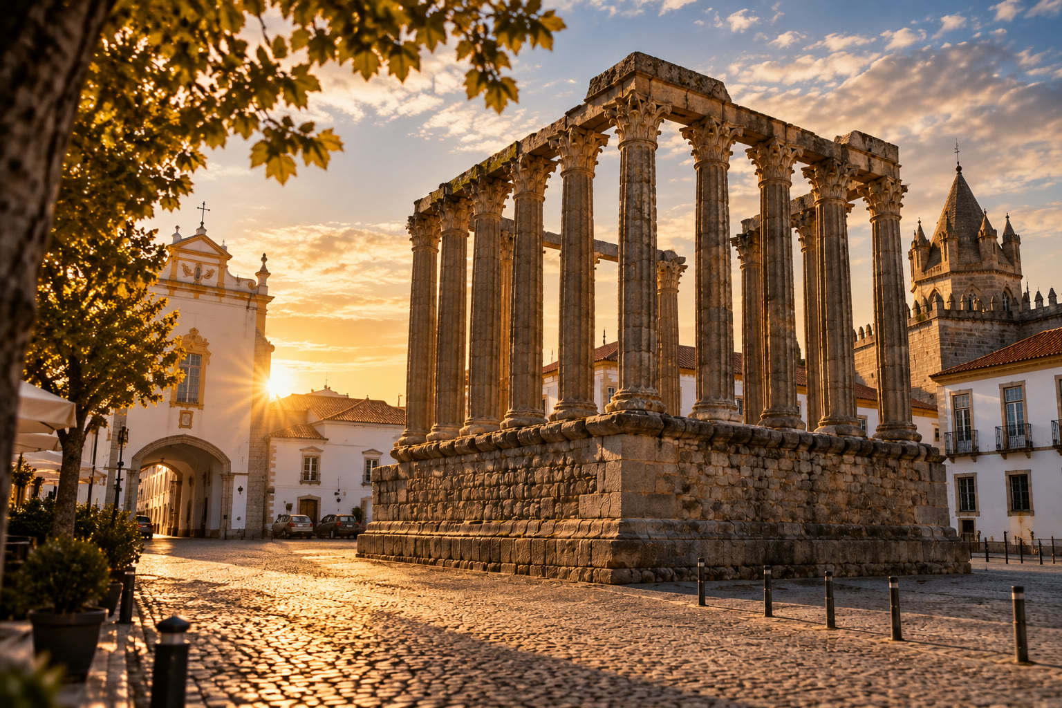 The Roman temple of Évora at golden hour, granite columns above the cobbled square