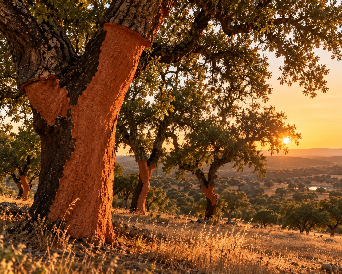 Recently harvested cork oak trunks in the montado at sunset