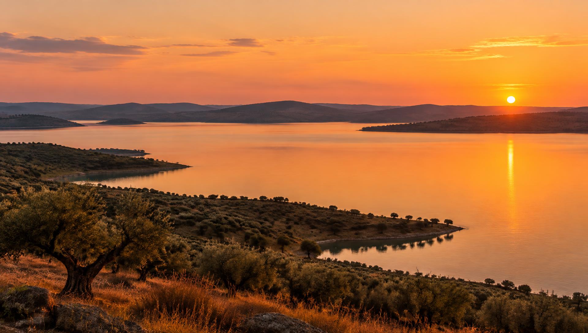 Alqueva lake at dusk under a wide sky