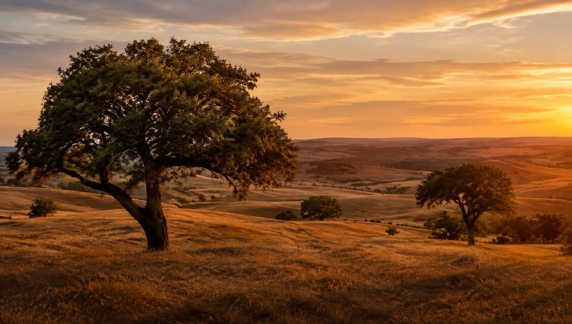 Cork oaks on golden plains