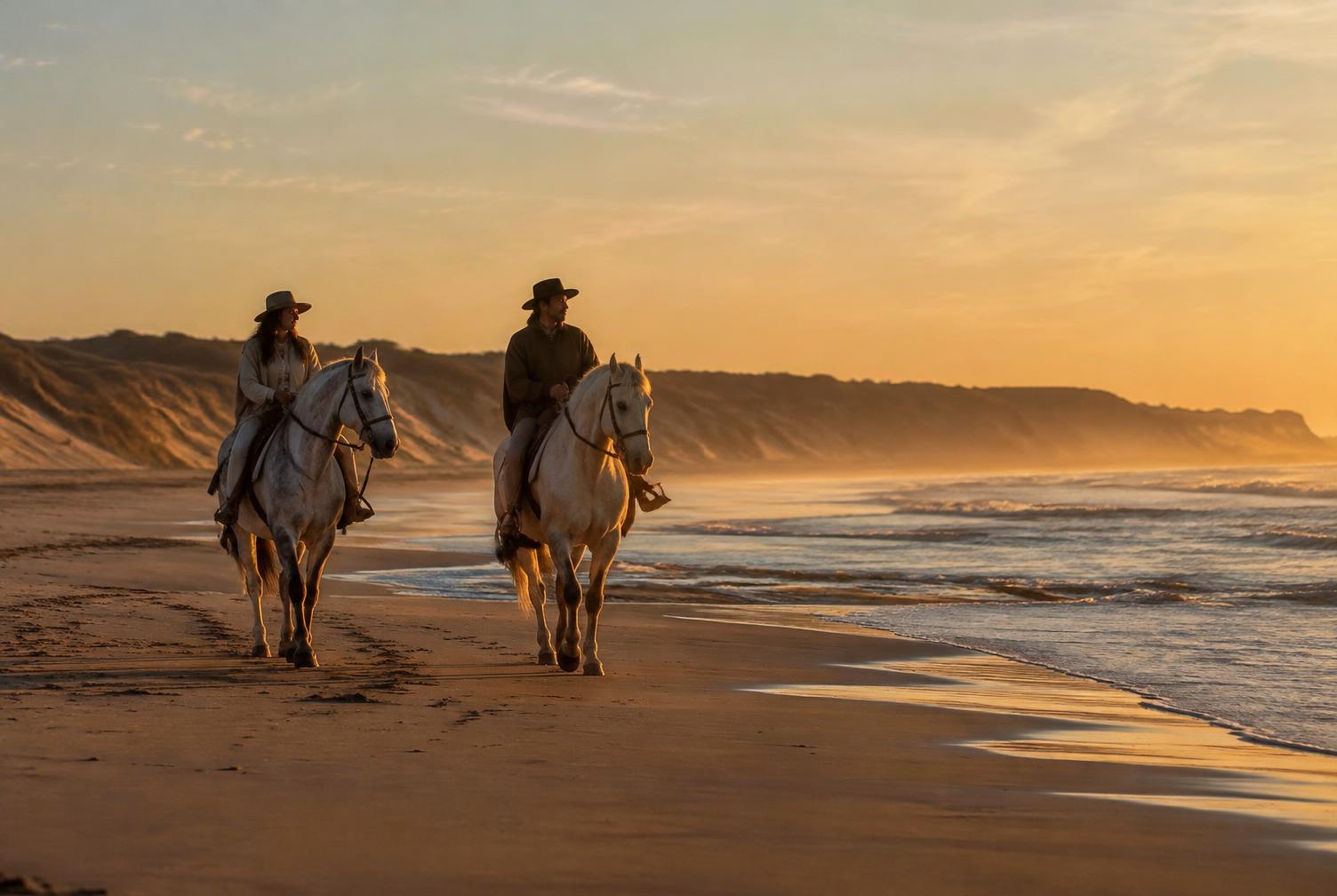 Horses walking along a quiet Atlantic shore