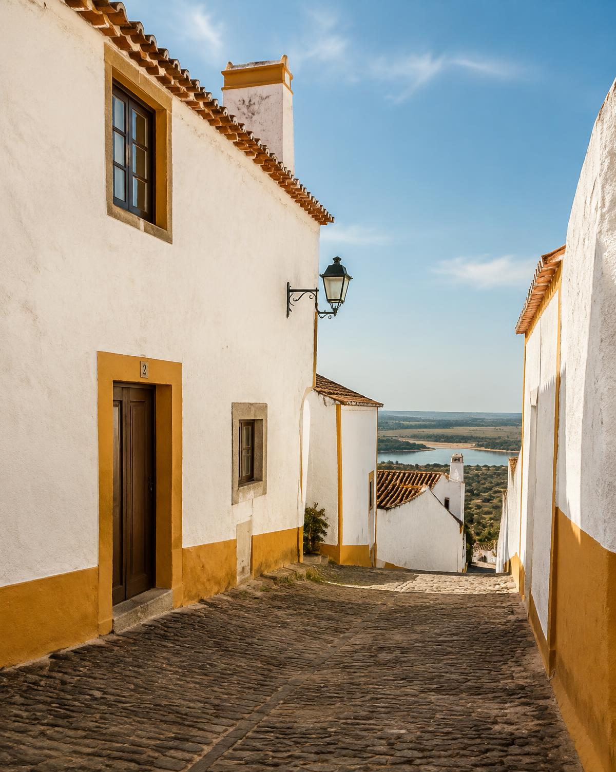 Whitewashed village lane with ochre trim